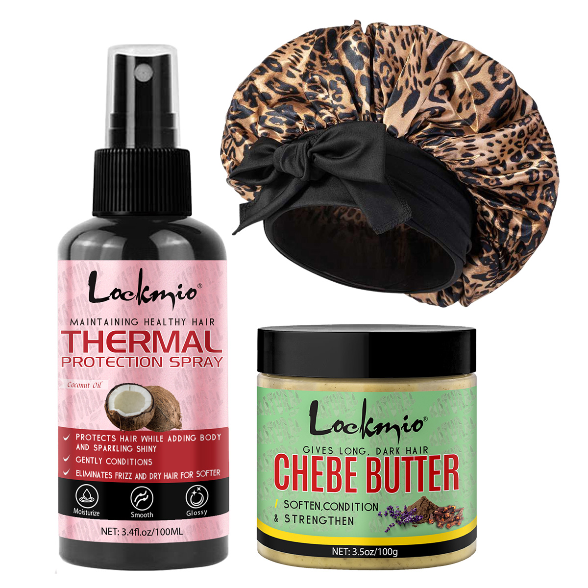 Hair Care Natural Ingredients - ヒートプロテクトスプレー、チェベバター、レオパード柄サテンボンネット、天然成分ヘアケアセット（髪を滑らかにし、潤いを与える）